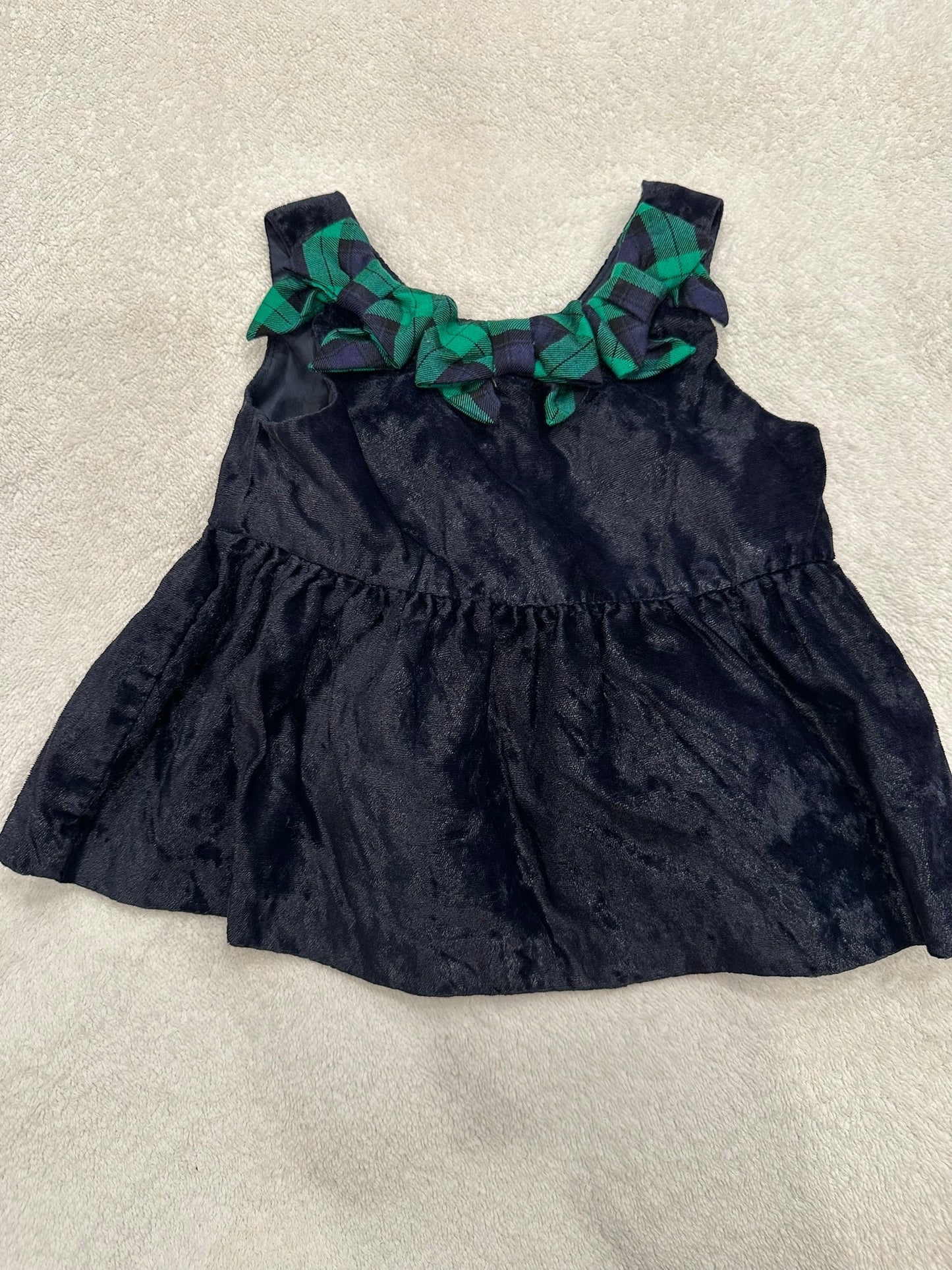#85 REDUCED Janie & Jack Navy Velvet with Plaid Bows Tank, Infant Girls 12-18m