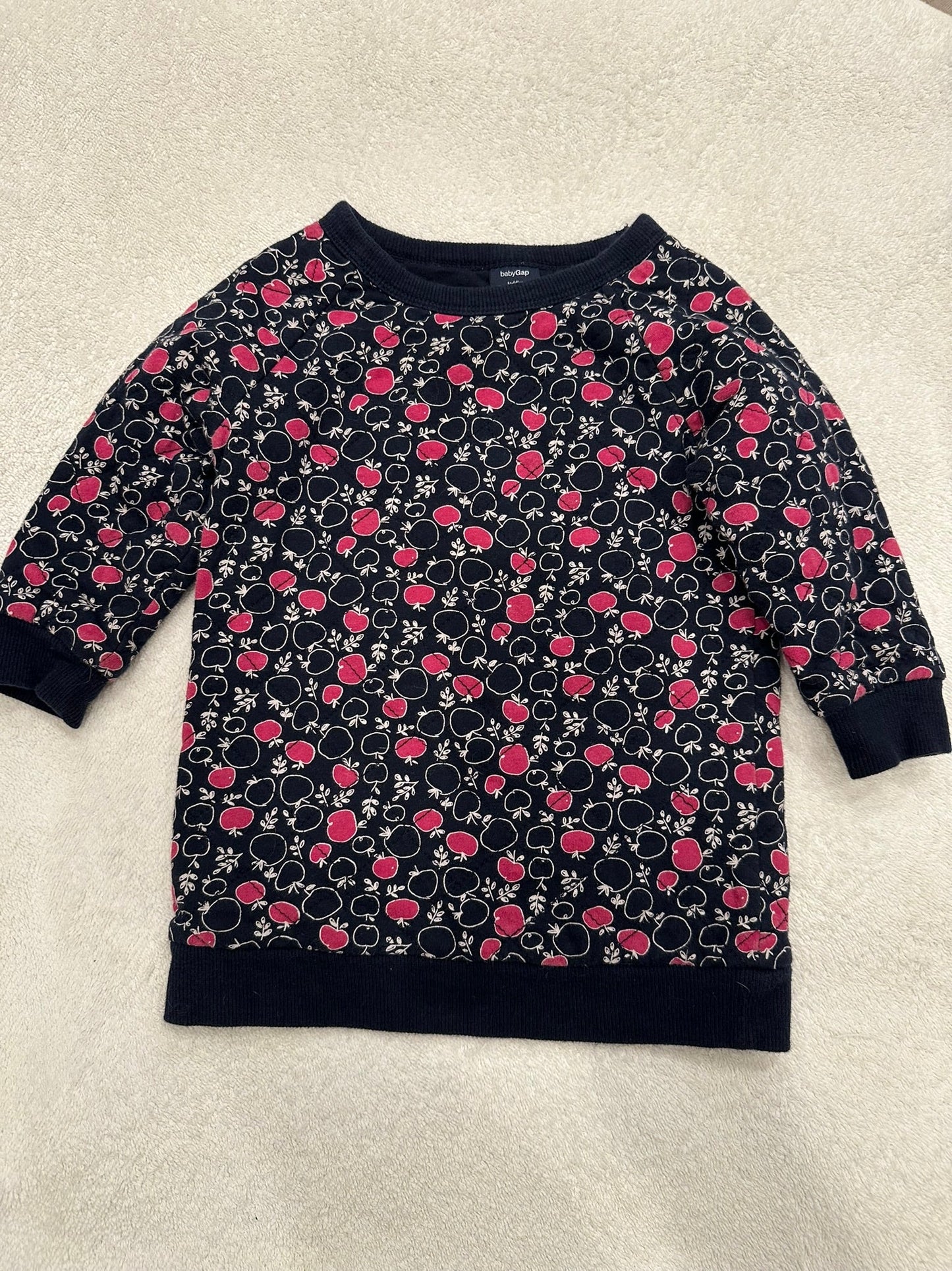 #85 REDUCED Baby Gap Navy + Pink Apple Sweater, Infant Girls 12-18m