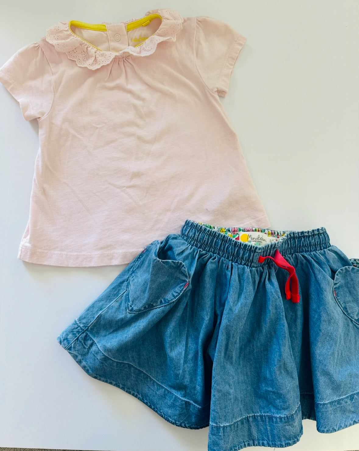 REDUCED #92 NEW Boden girls 2/3 Jean heart skirt and pink button back and color t shirt and