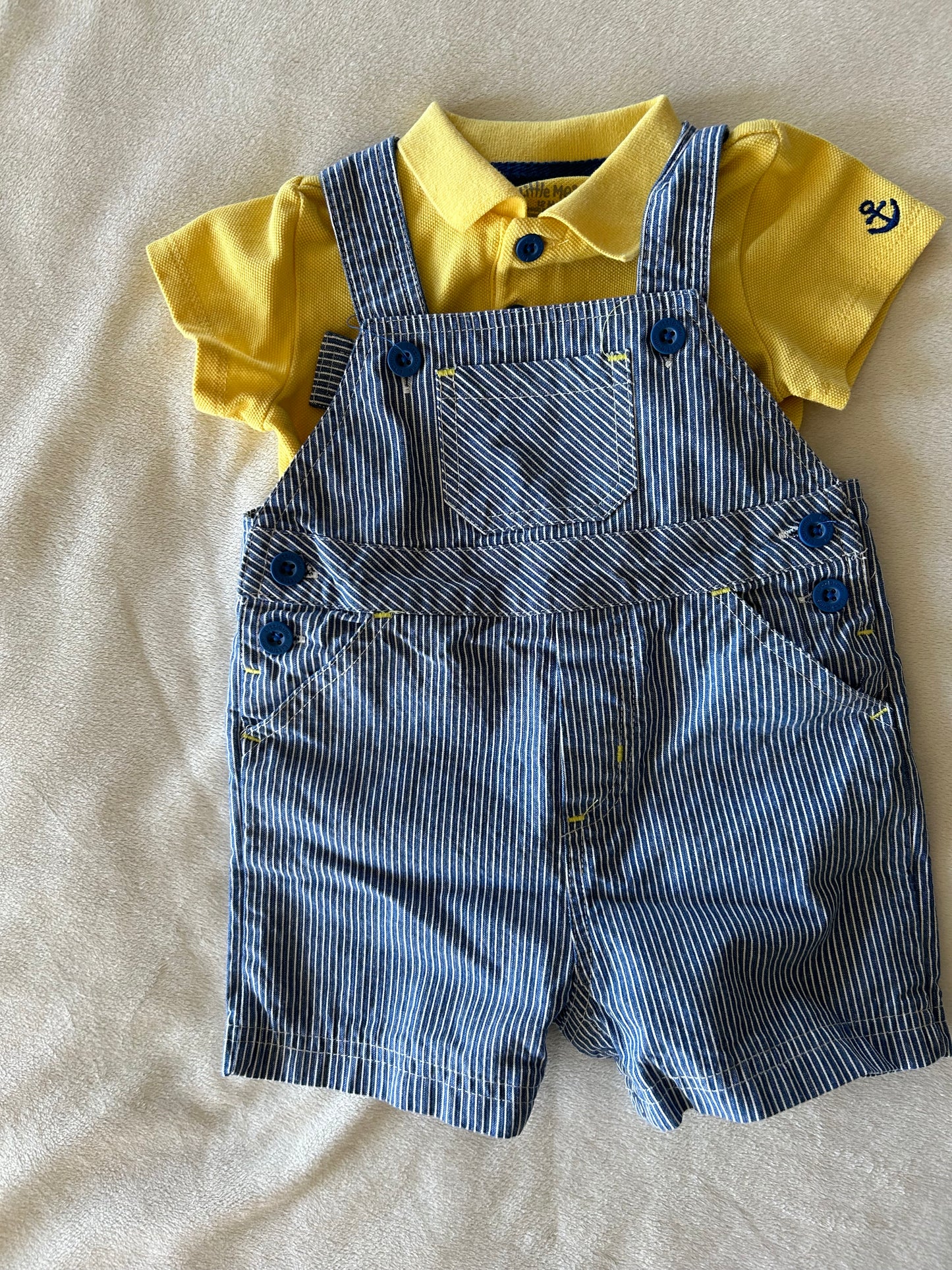 Little Me Boy 12 Month Blue Striped Overalls w/ Yellow Polo