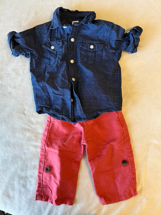 Janie and Jack Boy 6-12 Month Boy Red Pants and Blue Button Up