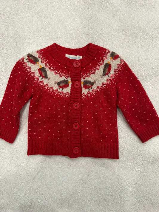 #85 REDUCED JoJo Maman Bebe Bird Red Button-up Sweater, Infant Girls 6-12m