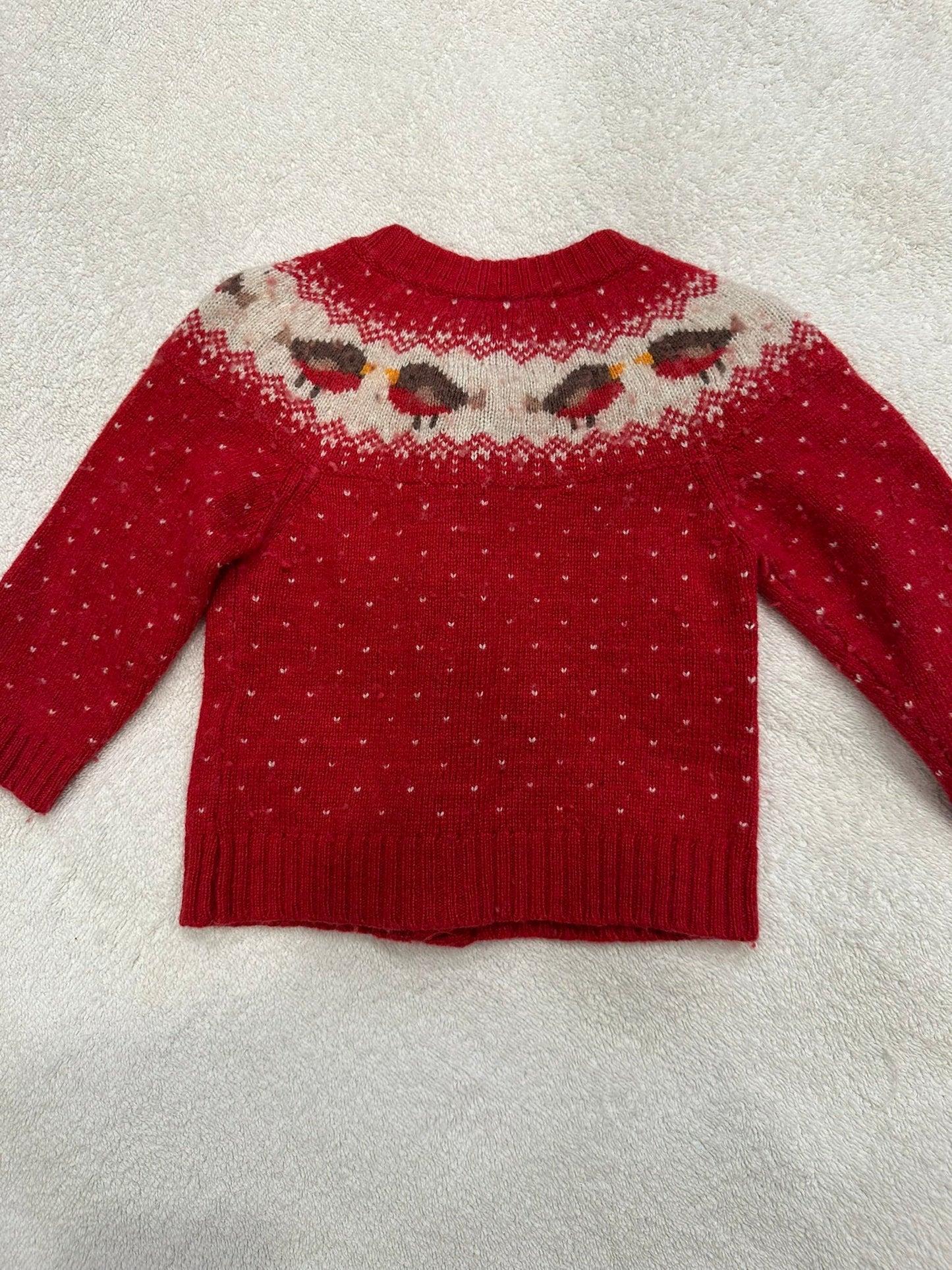 #85 REDUCED JoJo Maman Bebe Bird Red Button-up Sweater, Infant Girls 6-12m