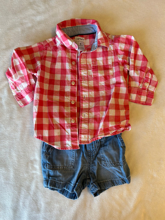 Carters Boys 9 month red plaid button up and denim short set