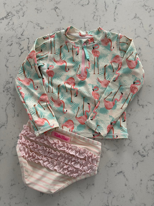 Seller 42, Rufflebutts Rashguard Swim, Pink Flamingos, EUC, Girls 5T