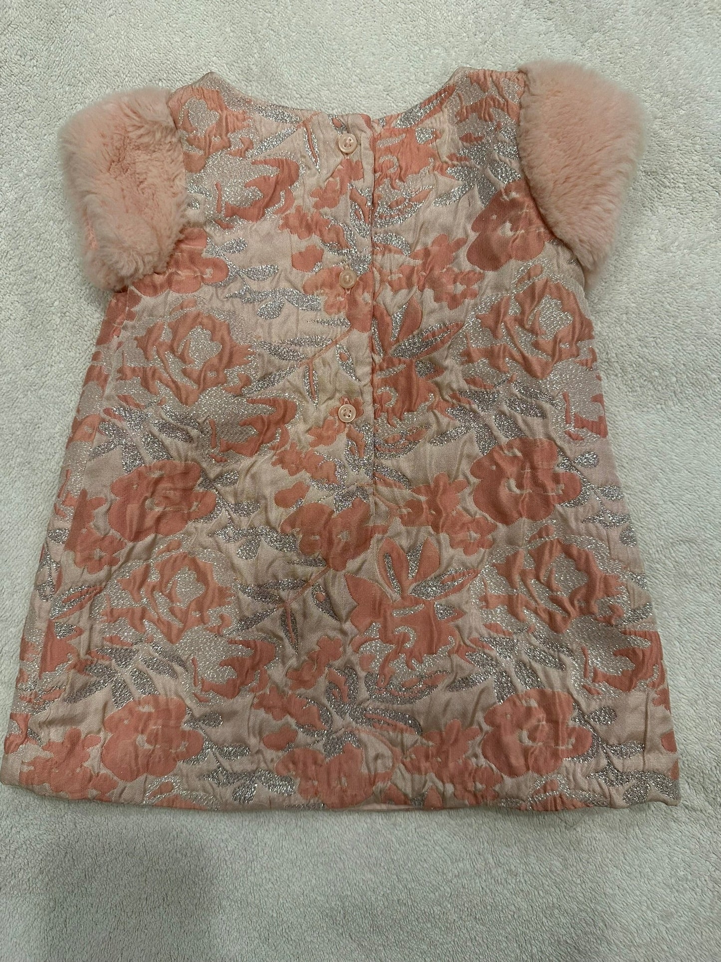 #85 REDUCED Janie & Jack Pink and Silver Dress with Fur Sleeves, Infant Girls 12-18m