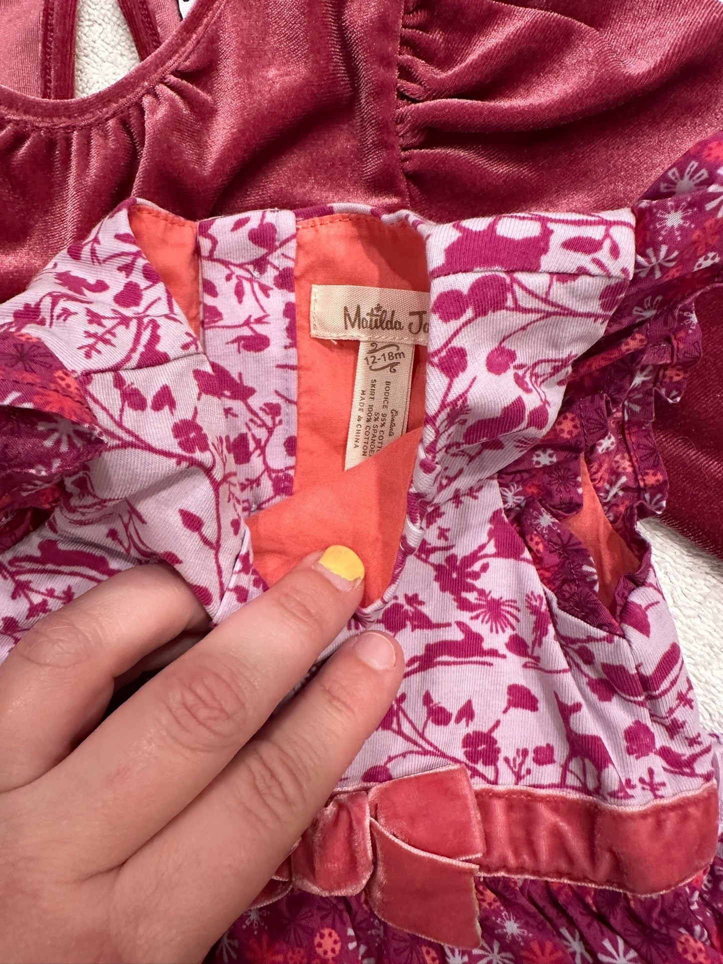 #85 REDUCED Matilda Jane Tiered Pink Dress with Velvet Onesie and Bloomers, Infant girls 12-18m