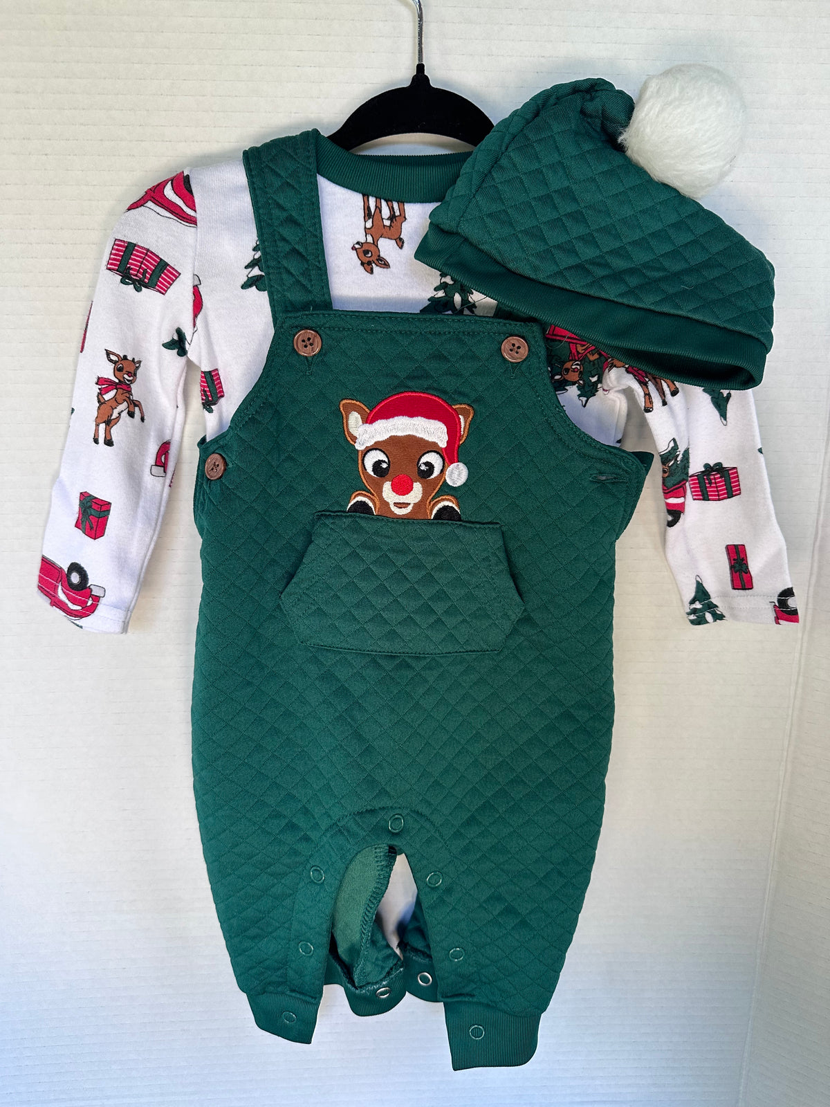 #146 Rudolph Green Overalls Holiday Set & Hat Boys 6M