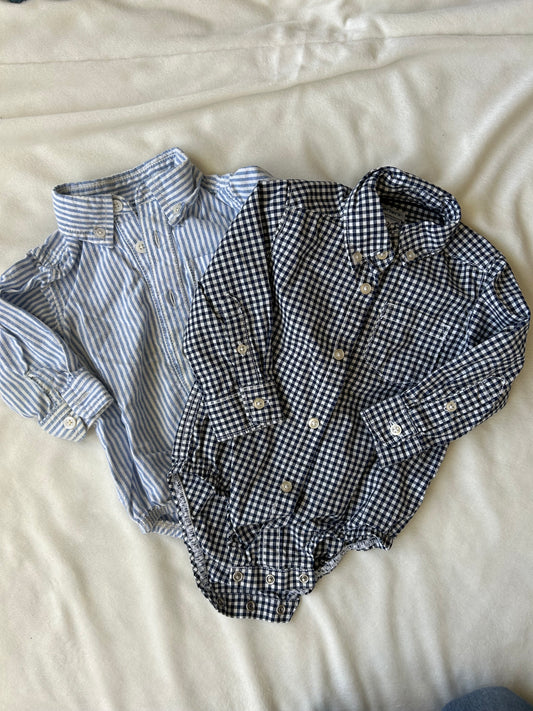 Boys 12 Month Button Up Bundle (2) Navy Gingham and White/Blue Stripe Mixed Brands