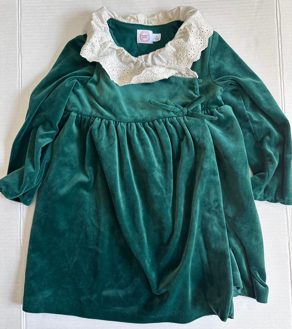 #146 Wonder Nation Dark Green Velour Dress Eyelet Collar Girls 4T