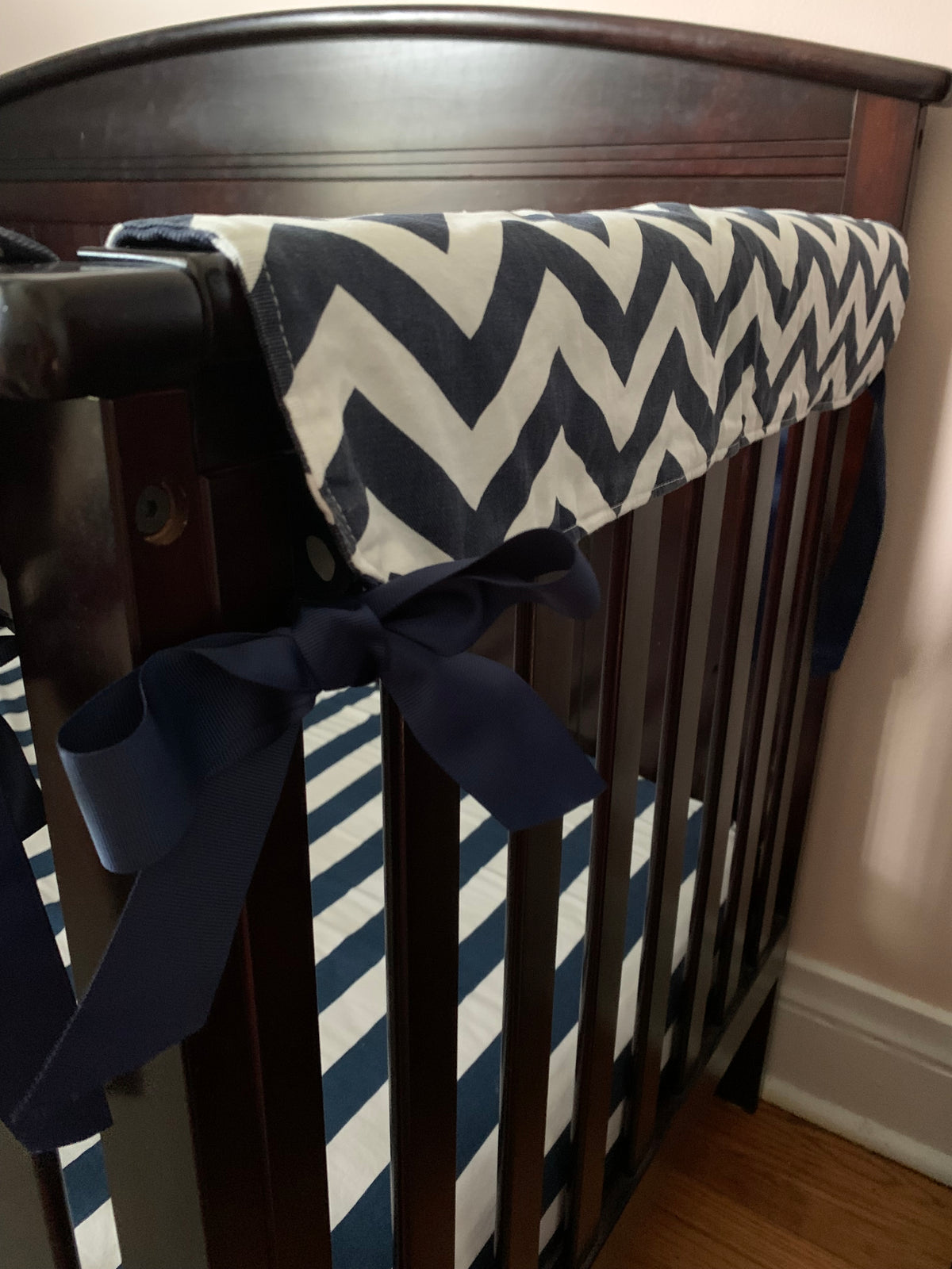 Seller 42, Crib rail covers. Navy/White, EUC