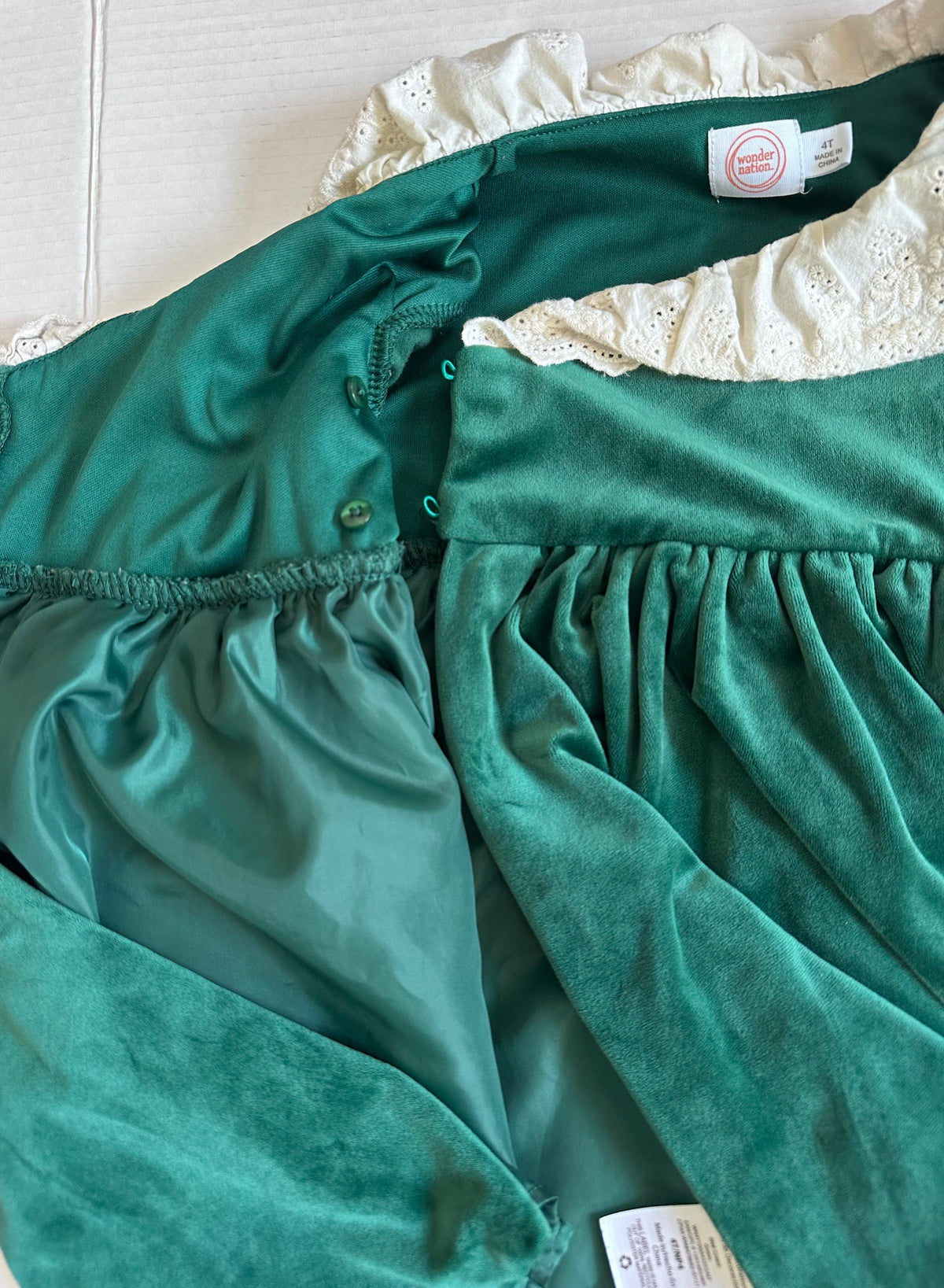 #146 Wonder Nation Dark Green Velour Dress Eyelet Collar Girls 4T