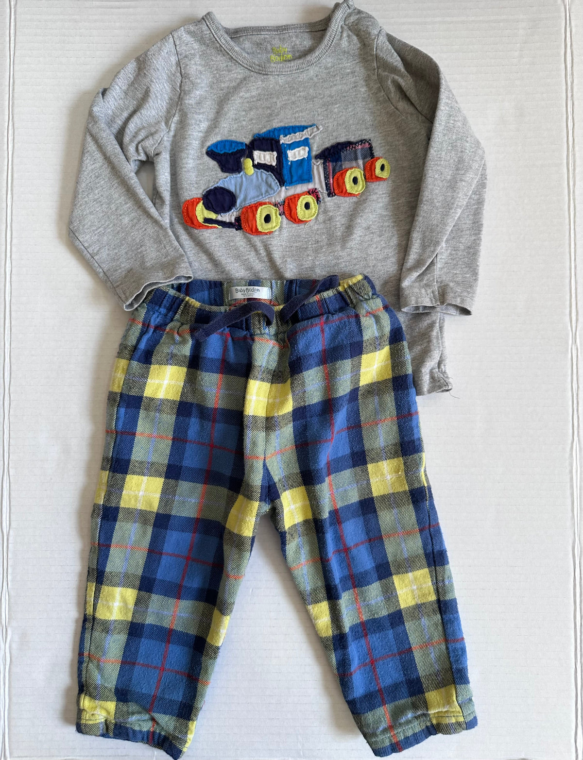 #146 Baby Boden Train Shirt Flannel Pants Set Boys 12-18M