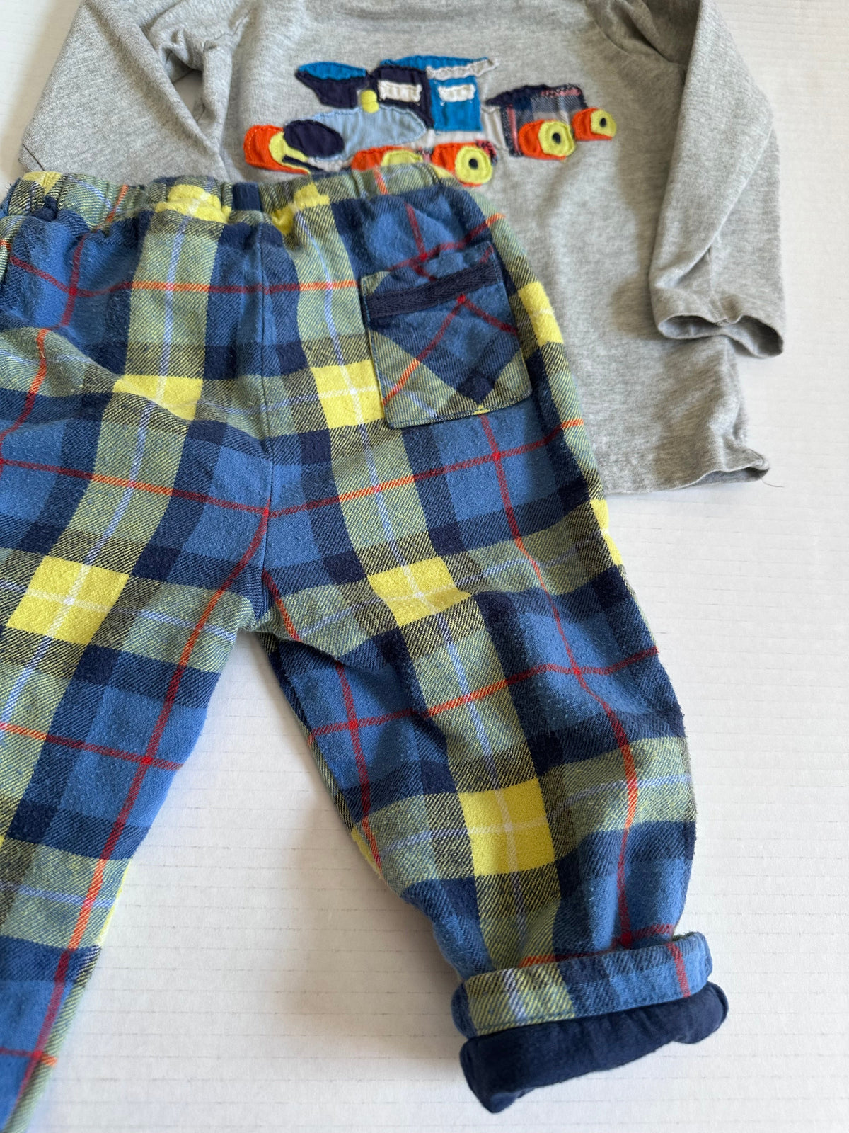 #146 Baby Boden Train Shirt Flannel Pants Set Boys 12-18M