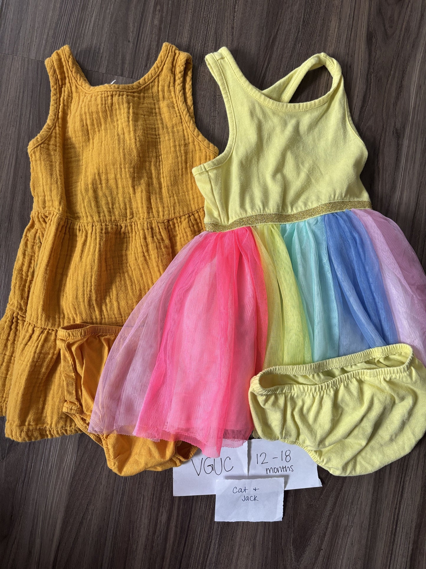 #77 - 12-18 Mo - VGUC Cat & Jack - 2 Yellow Tank Dresses with diaper covers