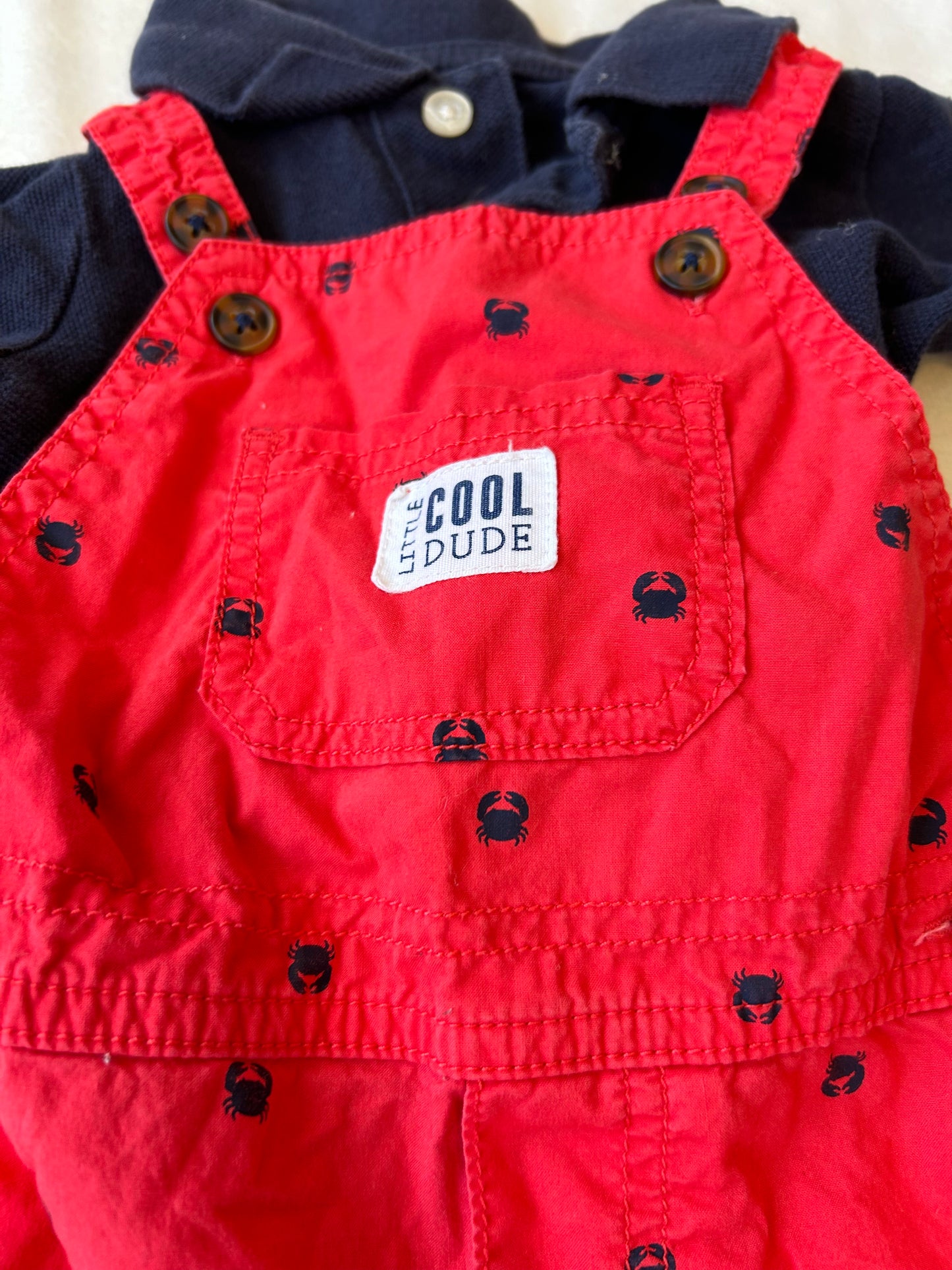 Just One You Boy 12 Month Red Overalls w/ Crabs and Matching Navy Polo