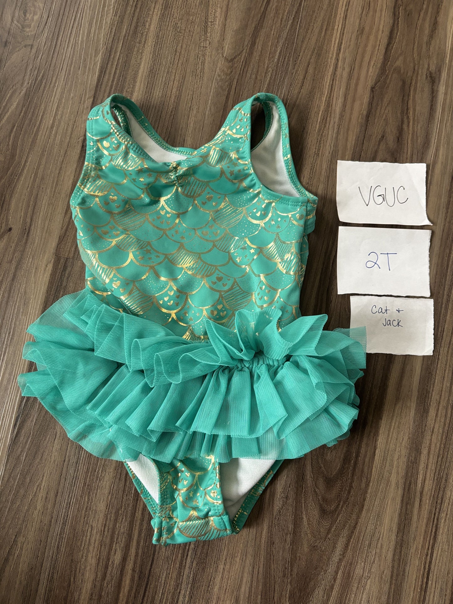 #77 - 2T - VGUC Cat & Jack - Mermaid Scale Turquoise Swimsuit with Tutu