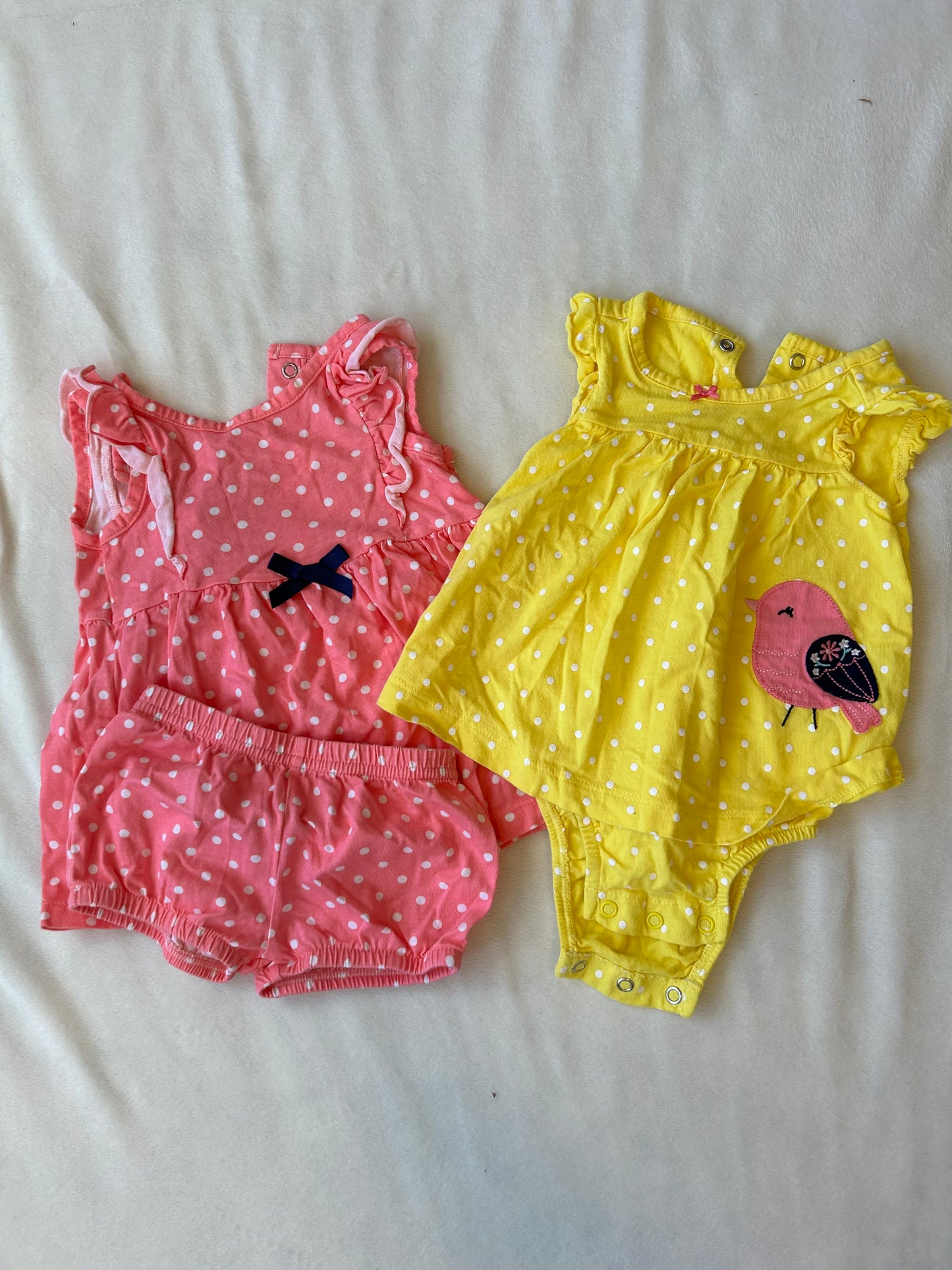 Simple Joys Girl 3-6 Month Romper Set (2) Pink and Yellow w/ Dots EUC