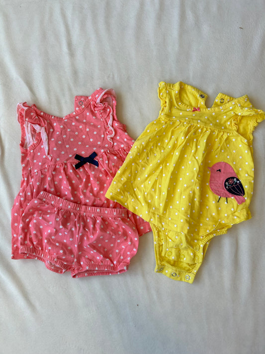 Simple Joys Girl 3-6 Month Romper Set (2) Pink and Yellow w/ Dots EUC