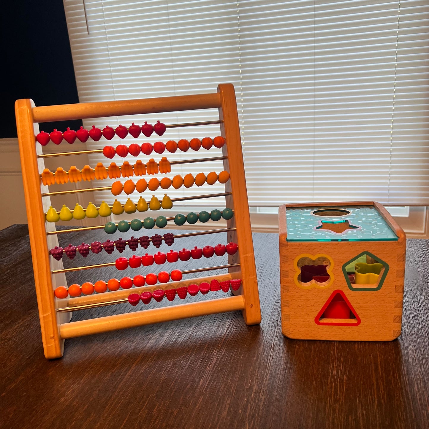 #5 B. toys Two-Ty Fruity Wooden Abacus and Wooden Cube Shape Sorter.  view pictures and descripion