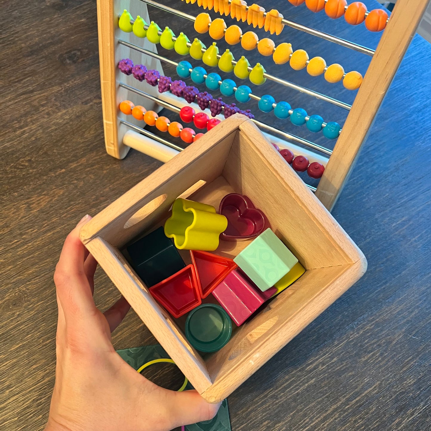 #5 B. toys Two-Ty Fruity Wooden Abacus and Wooden Cube Shape Sorter.  view pictures and descripion