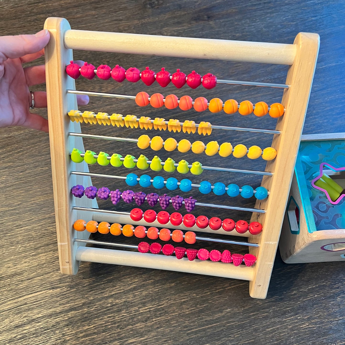 #5 B. toys Two-Ty Fruity Wooden Abacus and Wooden Cube Shape Sorter.  view pictures and descripion