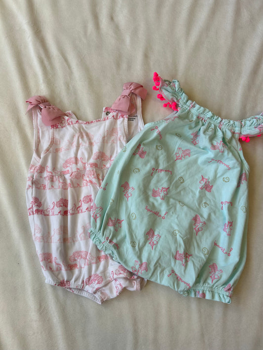 Girls 6 Month Rompers (EGG and Janie & Jack) Blue w/ unicorns and White with Zoo Animals