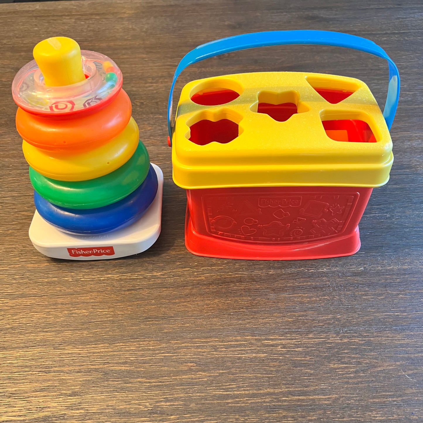 #5 Fisher Price Brilliant Basics Shape Sorter Toy Bucket and Rock-a-Stack Stacking Rings