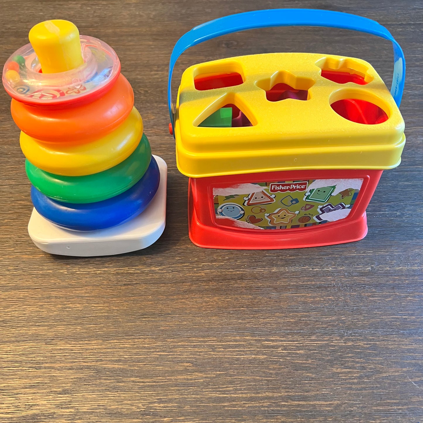 #5 Fisher Price Brilliant Basics Shape Sorter Toy Bucket and Rock-a-Stack Stacking Rings