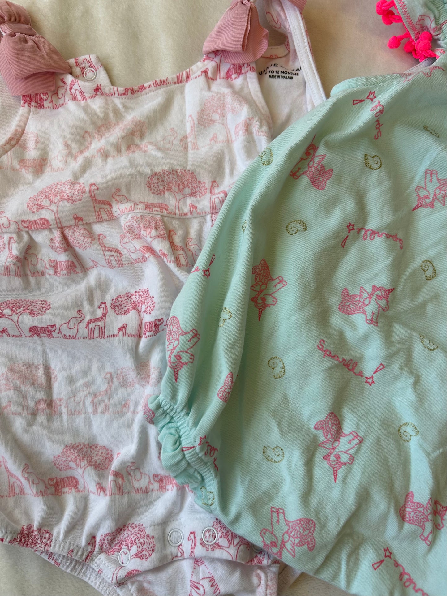 Girls 6 Month Rompers (EGG and Janie & Jack) Blue w/ unicorns and White with Zoo Animals