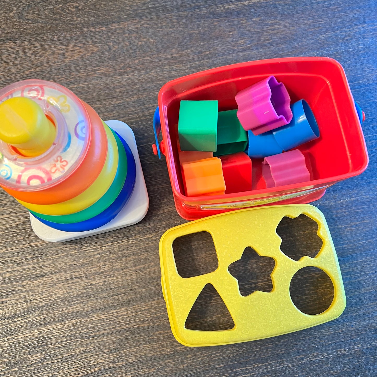 #5 Fisher Price Brilliant Basics Shape Sorter Toy Bucket and Rock-a-Stack Stacking Rings