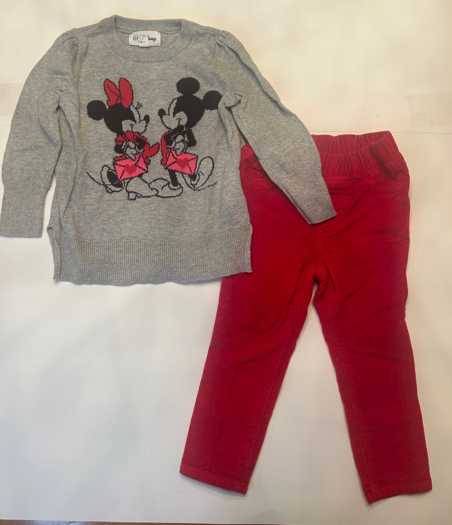 #11-Girls-2T-Gap-Mickey and Minnie Mouse Sweater and Red Pull-On Cords