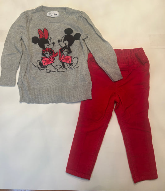 #11-Girls-2T-Gap-Mickey and Minnie Mouse Sweater and Red Pull-On Cords
