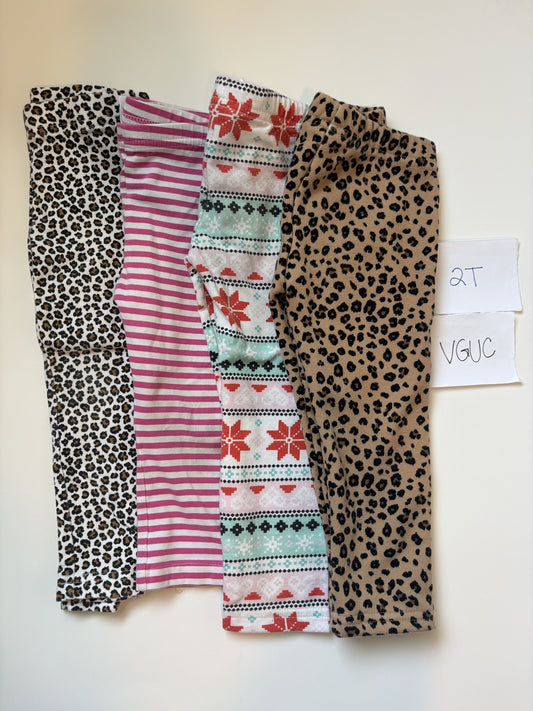 #138 - 2T - VGUC 4 Pair Pants (2 leopard, pink stripe, snowflake) - PU 45236