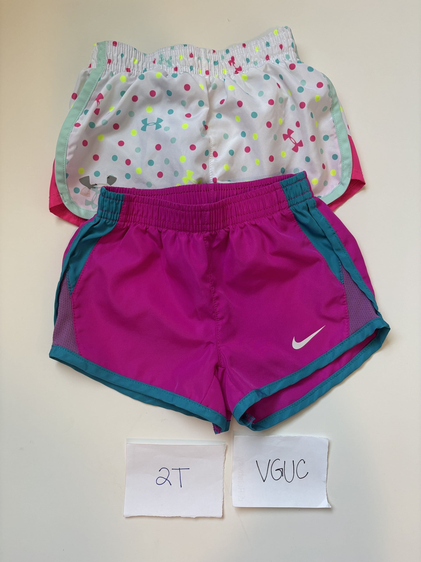 #77 - 2T - VGUC Nike + Under Armour - 2 Pack Athletic Shorts (purple + white dot)