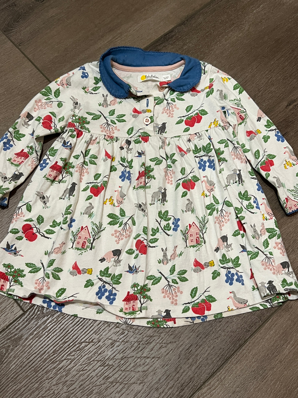 #90 Baby Boden girls farm animal dress, 12-18 mos