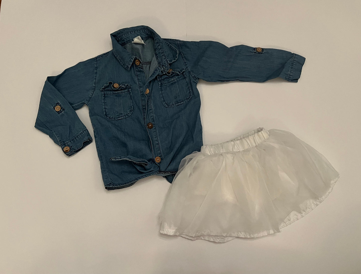 Girls Size 2T Jean Shirt and White Tulle Skirt