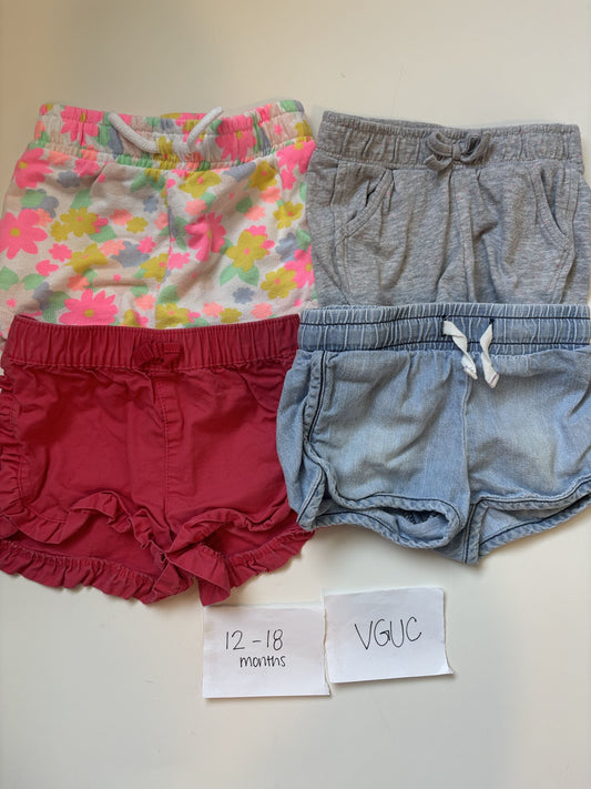 #77 - 12-18 Mo - VGUC 4 Pair Shorts (floral, grey, denim, red)