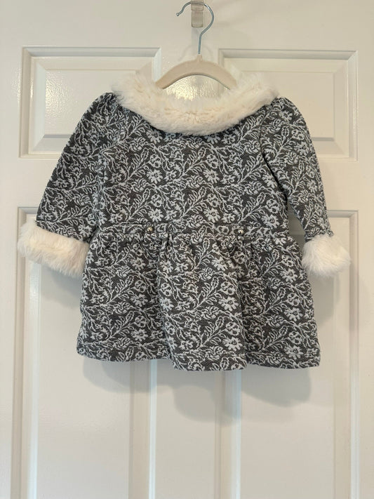 #85 REDUCED Janie & Jack Grey White Fur Collar Winter Dress, Infant Girls 12-18m