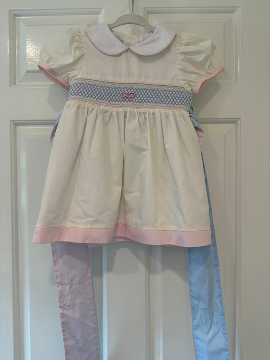 #85 REDUCED TBBC White Smocked Bow Dress with Blue & Pink, Toddler Girls 18-24m
