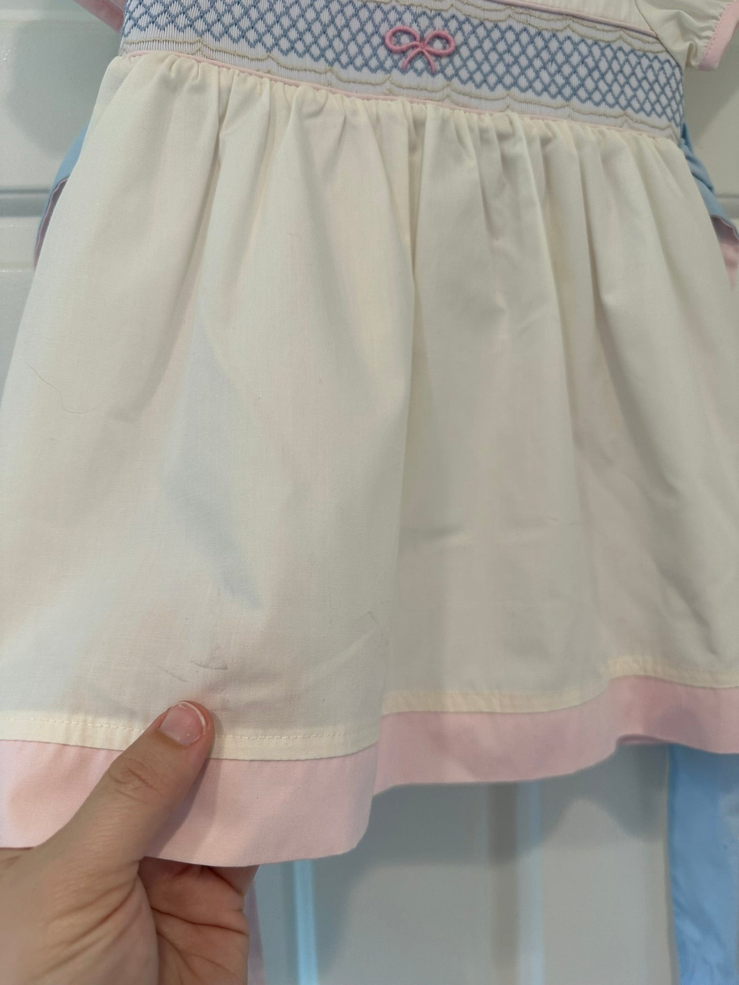 #85 REDUCED TBBC White Smocked Bow Dress with Blue & Pink, Toddler Girls 18-24m