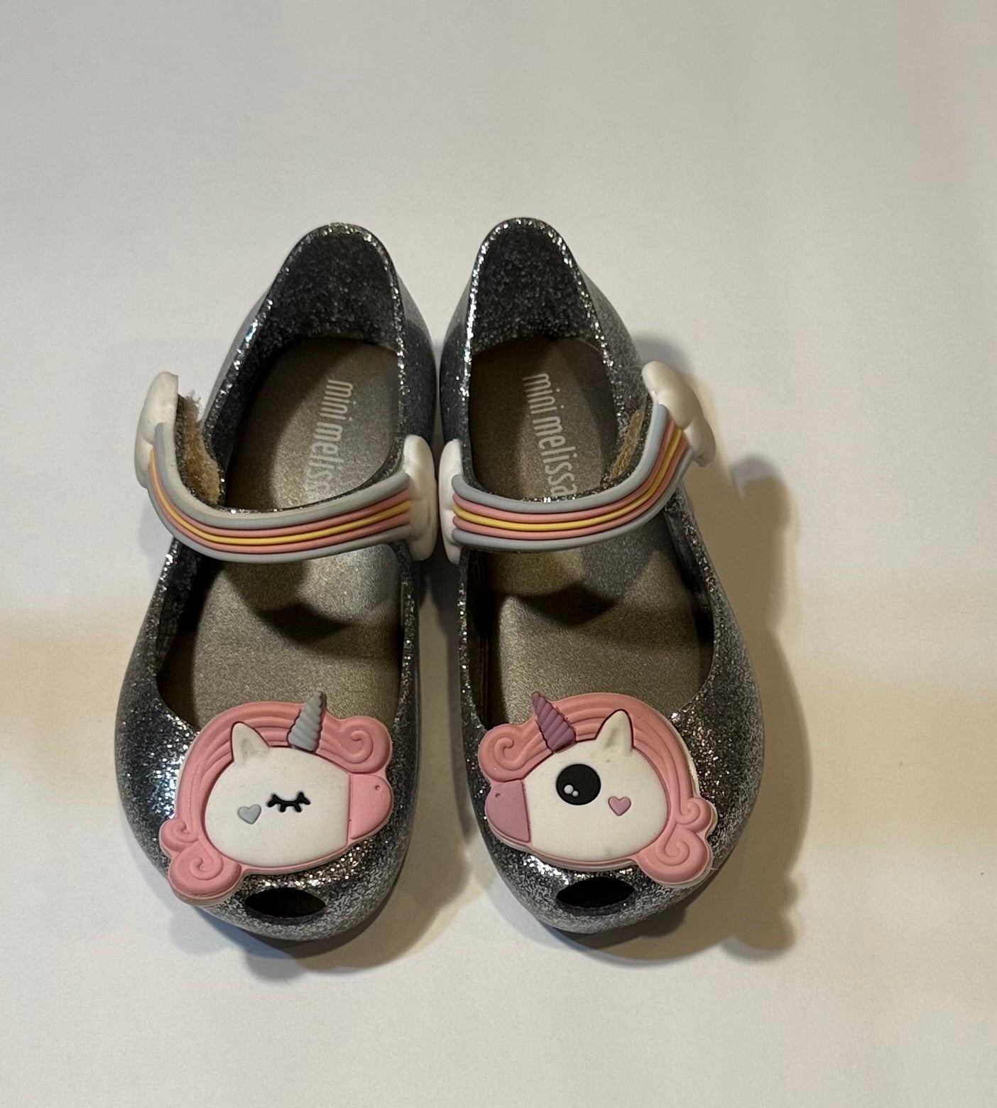 #180 Girls Shoe 7 Mini Melissa Silver Sparkle Unicorn ( 2 available)