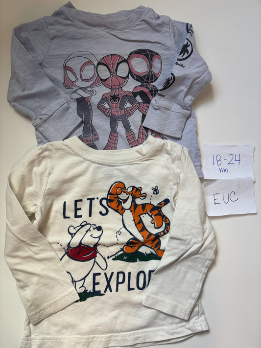 #138 - 18-24 Mo - EUC 2 Shirts (Spidey + Friends and Winnie the Pooh) - PU 45236
