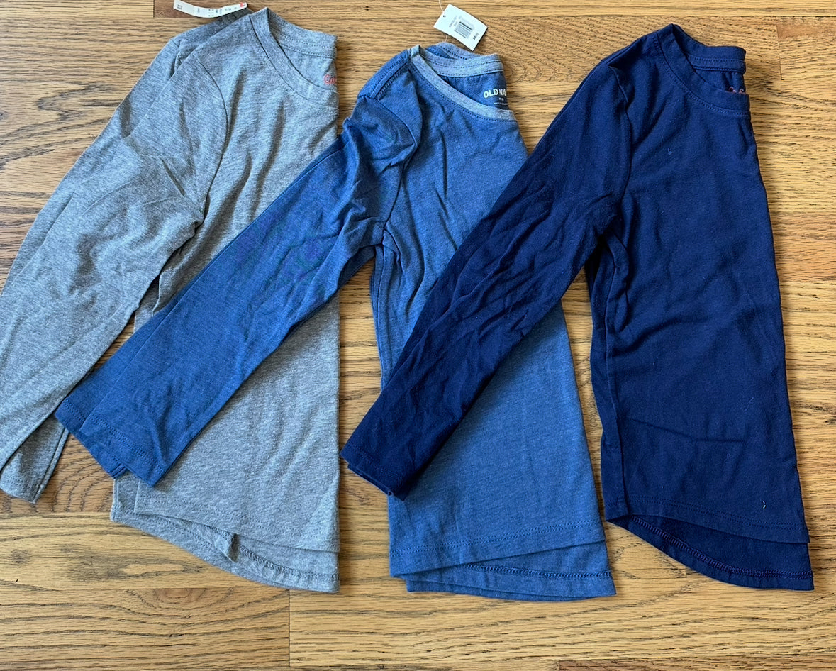 #198- Girls, Assorted Brands, Blue Long Sleeve Shirt Set of 3, NWT- Size 5