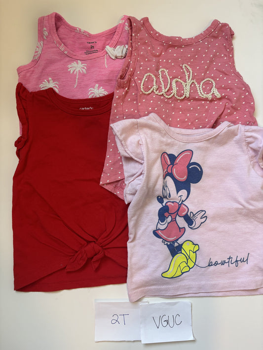 #77 - 2T - VGUC 4 Pack Tank Shirts (pink palm, aloha, red, minnie)