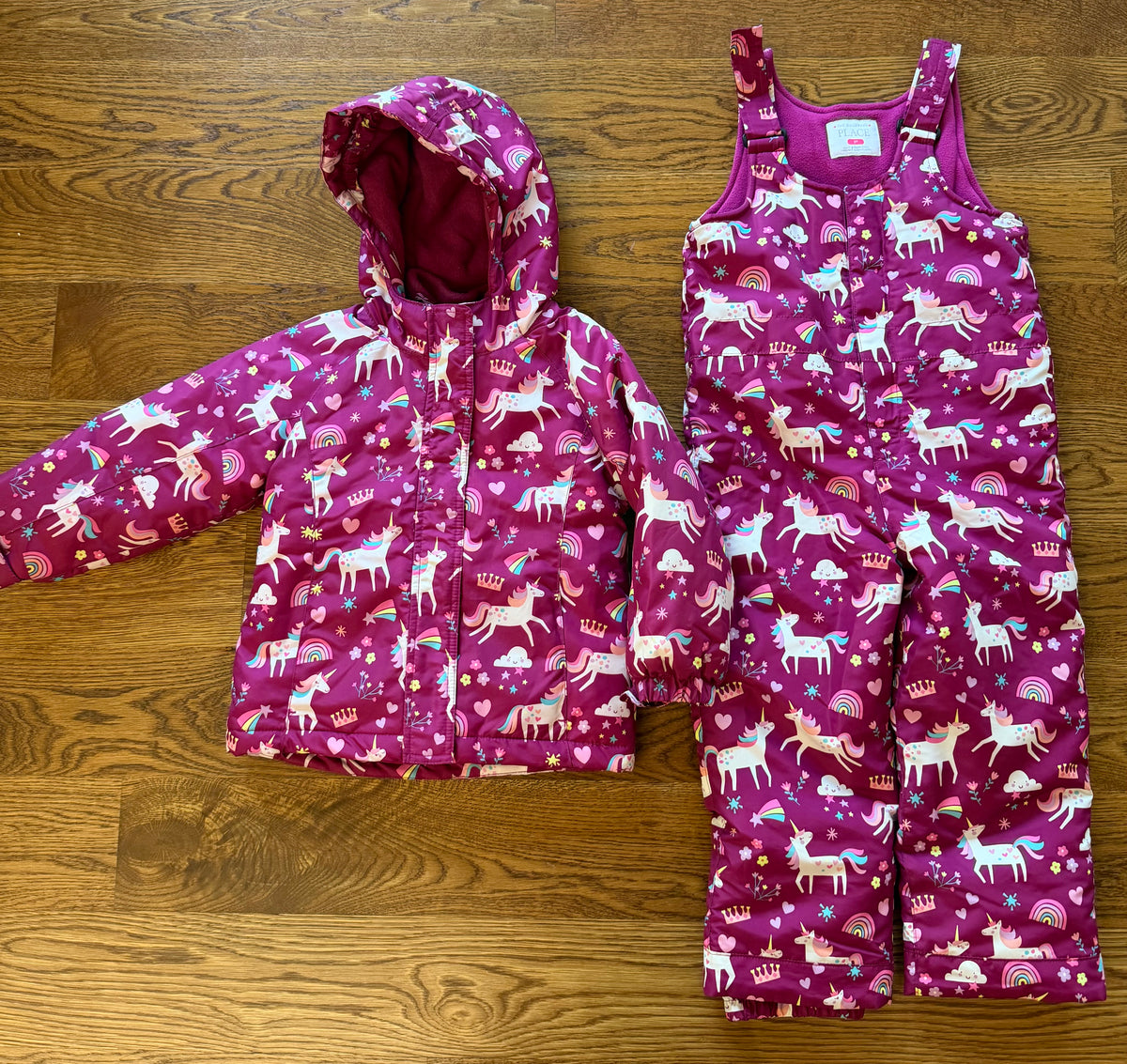 53 - Girls 5T The Children’s Place Pink Unicorn Winter Coat with Detachable Fleece Liner/Jacket and Overall Snow Pants