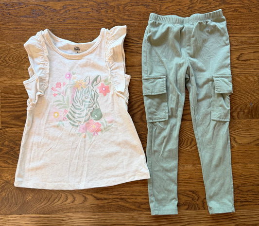 53 - Girls 5 Zebra Print Shirt with Matching Green Pants Outfit