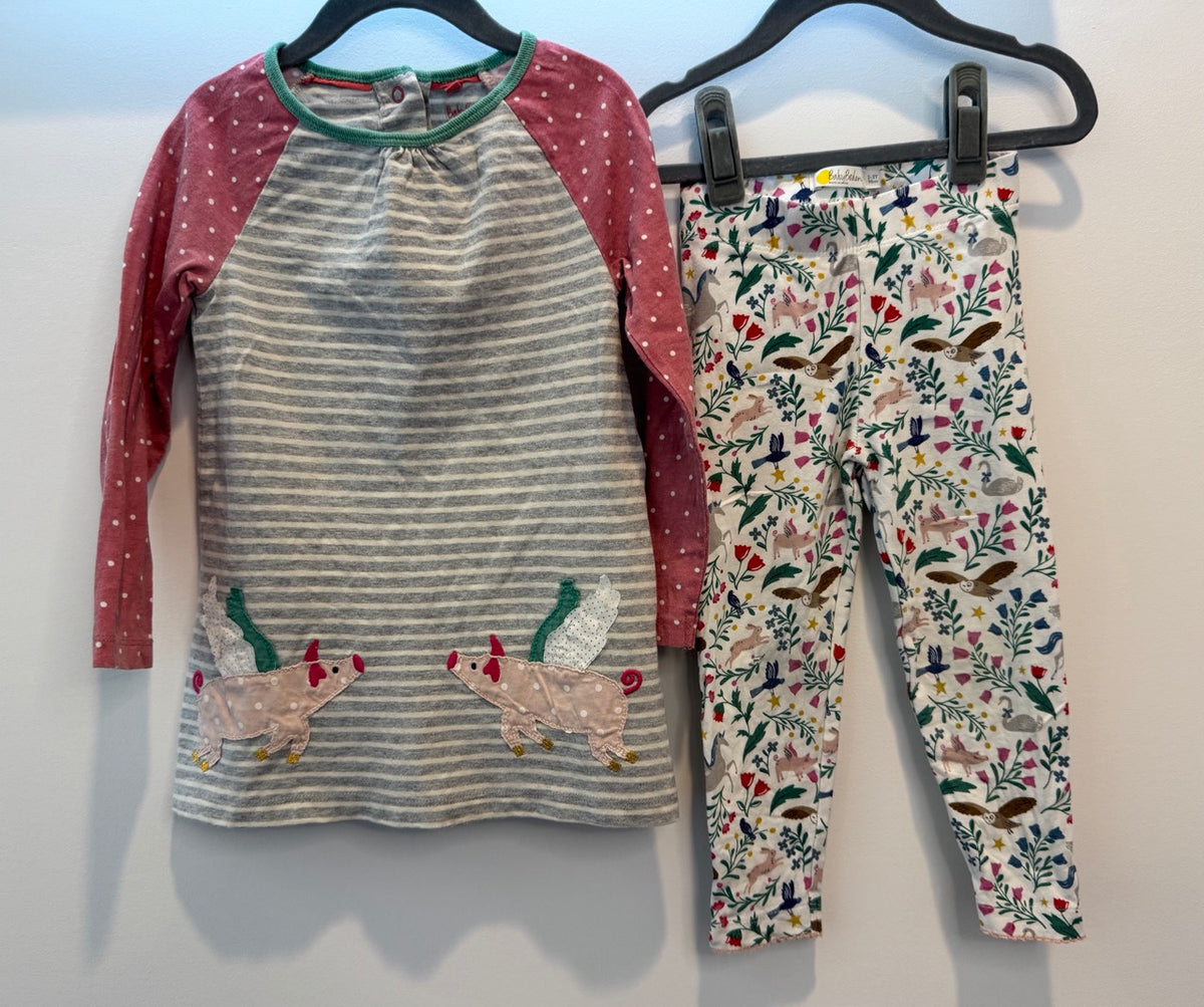 #82 Baby Boden 'Pigs Fly' Dress and Leggings Girls Size 2T