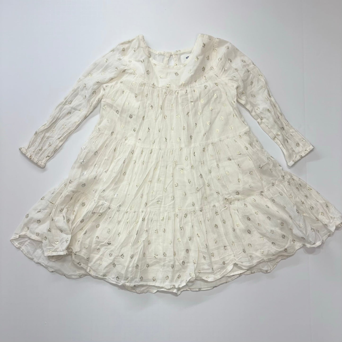 Seller 189 Girls 5T Old Navy Tiered Flowy Dress with Gold & Silver Foil Flowers GUC