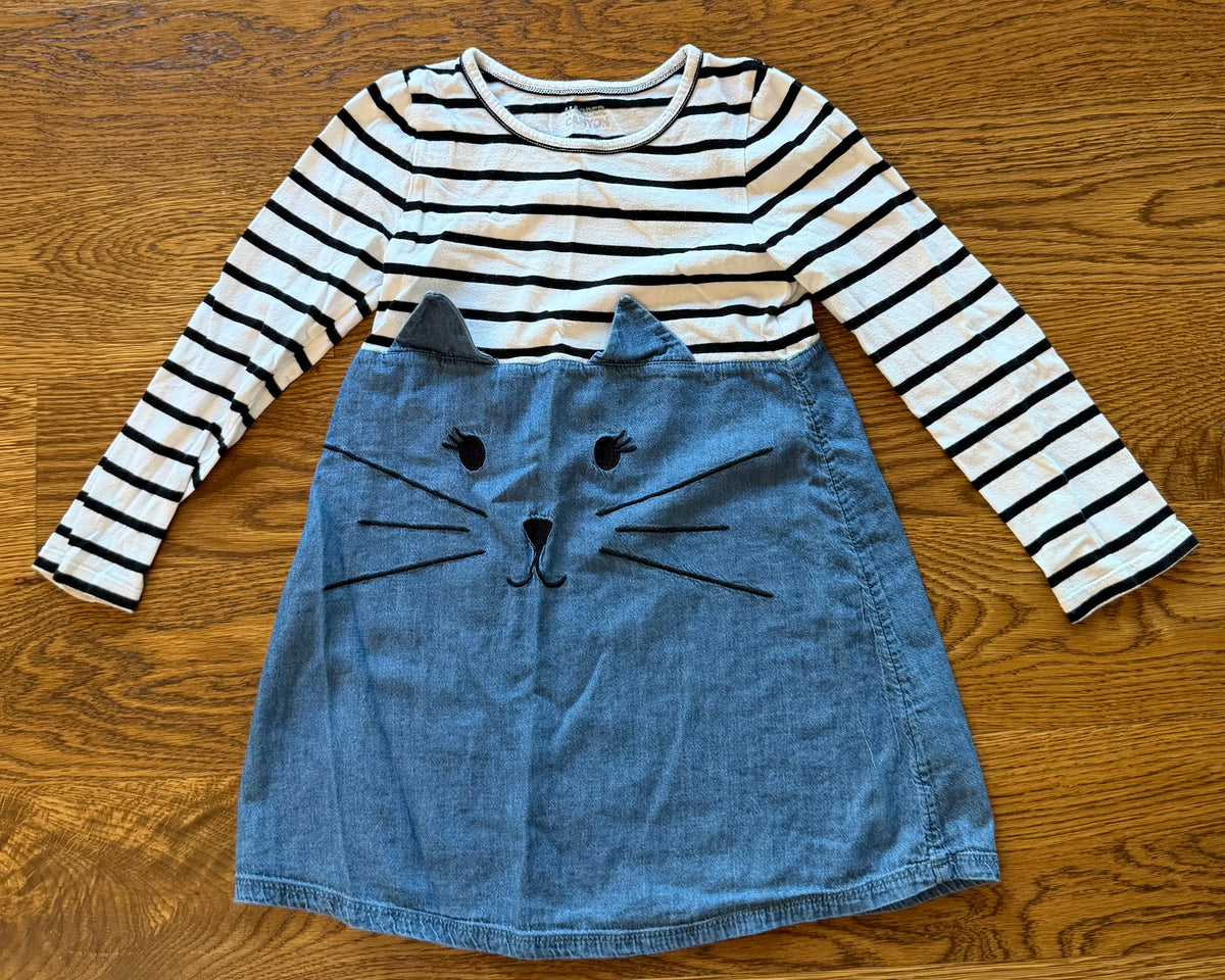 53 - Girls 5 Black/White Striped Dress with Cat Long Sleeves